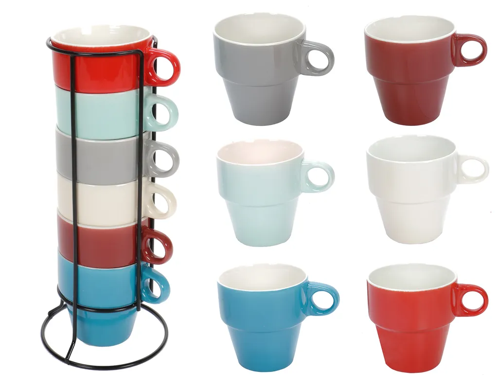 6 bunte stapelbare Kaffeetassen oder Teetassen im Ständer, je Tasse 250 ml, für Mikrowelle und Spülmaschine geeignet